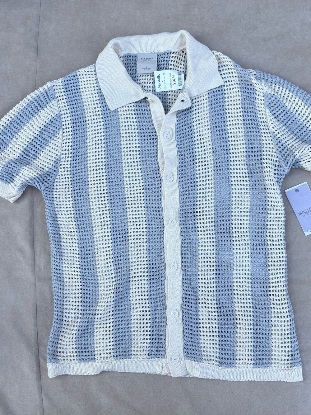 Massive Luxury Gray & Cream Button Down Knit Crochet Mesh Down Polo Shirt - L